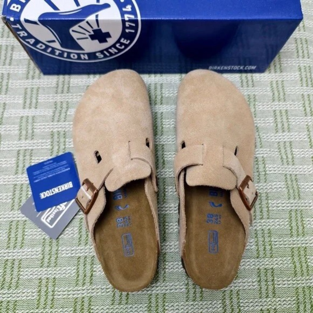 🍭women's Latte Cream Suede Birkenstock Boston Shoes - Narrow Fit - Picture 2 of 5